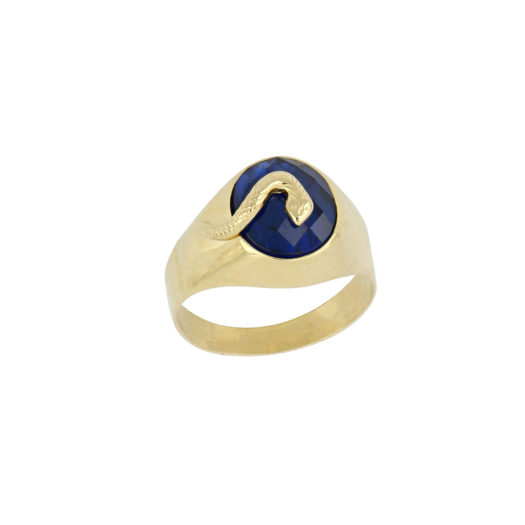 Anello Uomo in Oro Giallo 18 Carati di 5.50 Grammi con Zircone Blu e Serpente.