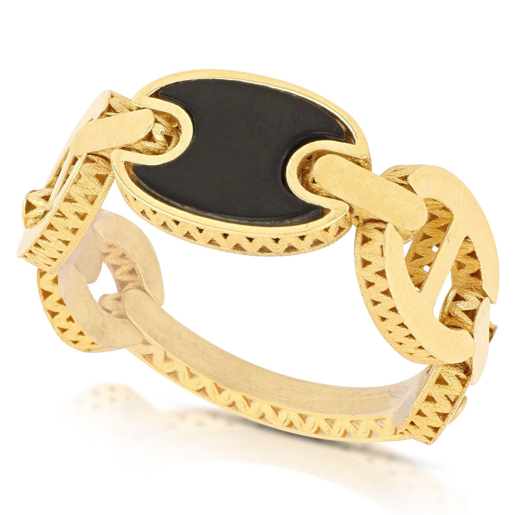 Anello Donna in oro 18 Carati modello maglia marina con onice di 3.80 Grammi.